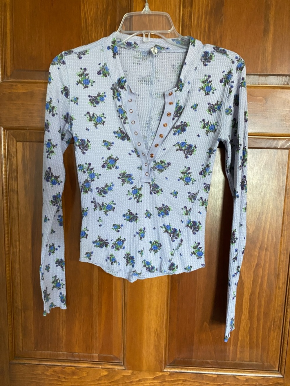 Free People Pale Blue Floral Snap-Henley Long Sleeve Top